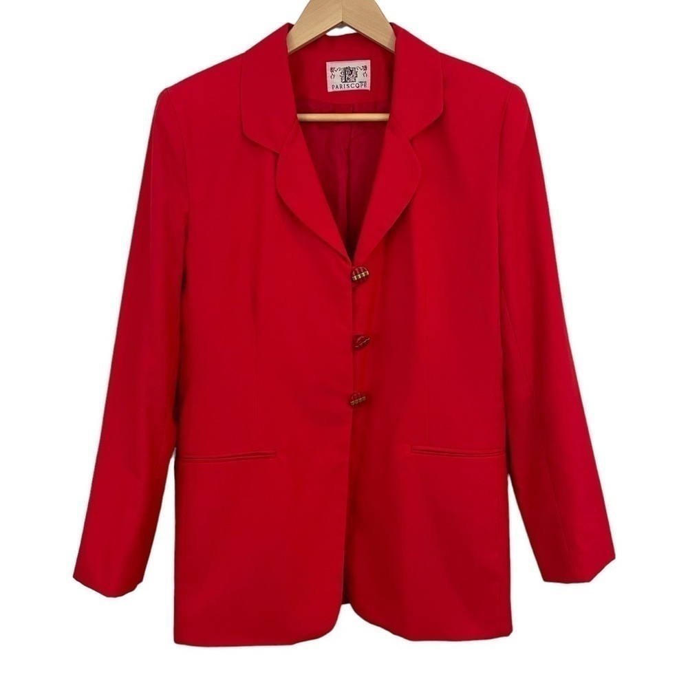 Vintage Cherry Red Blazer Womens 11 M Fitted Classic Shoulder Pads Gold Accents